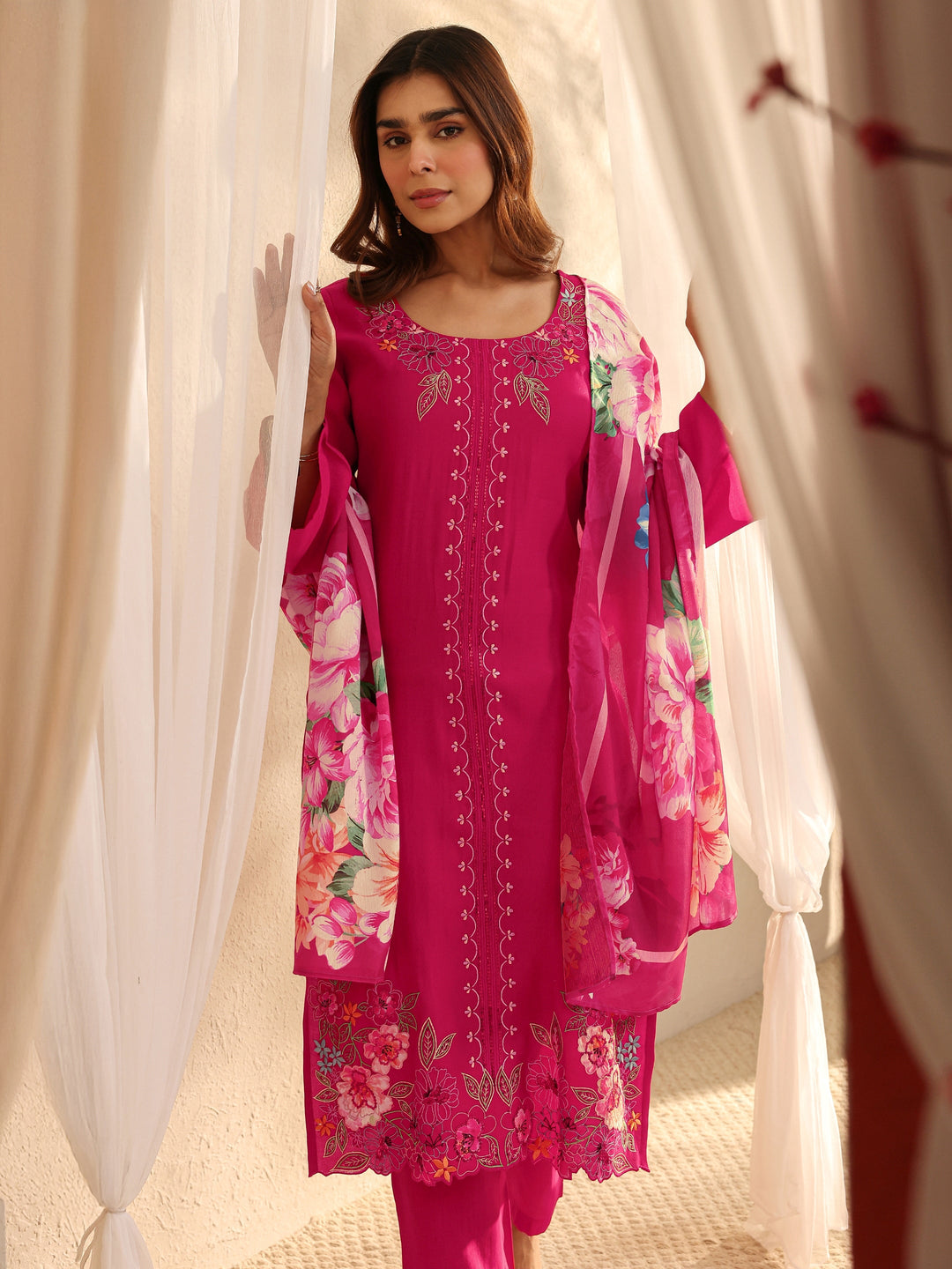 Pink Floral Embroidered Silk Blend Straight Suit Set With Dupatta