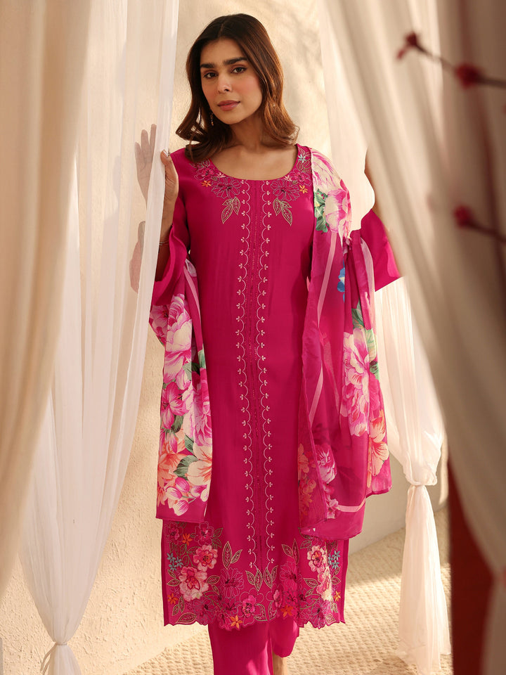 Pink Floral Embroidered Silk Blend Straight Suit Set With Dupatta