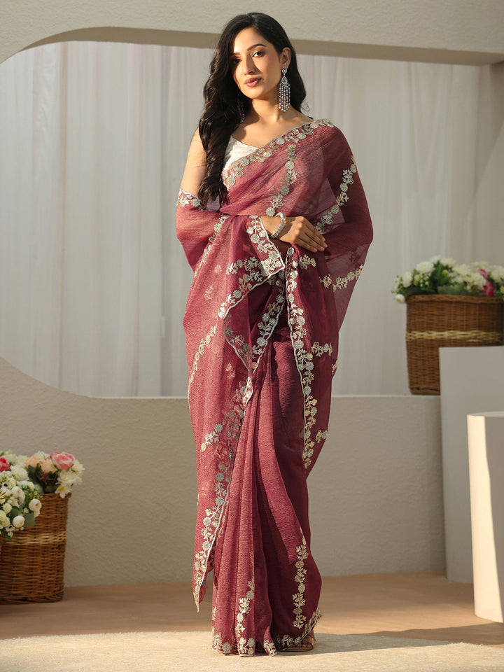 Pink Floral Embroidered Tissue Saree