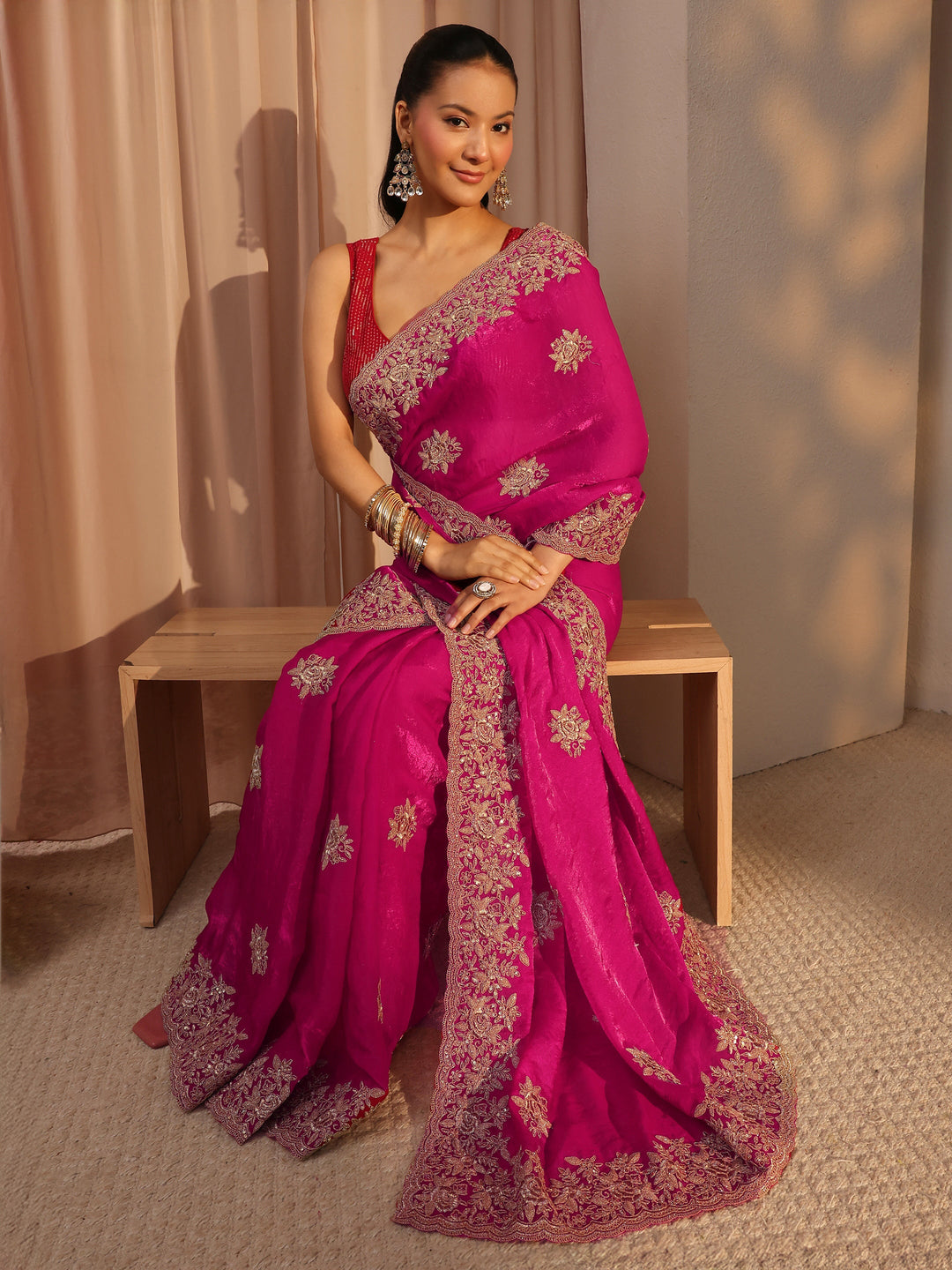 Pink Floral Embroidered Tissue Saree With Unstitched Blouse Piece