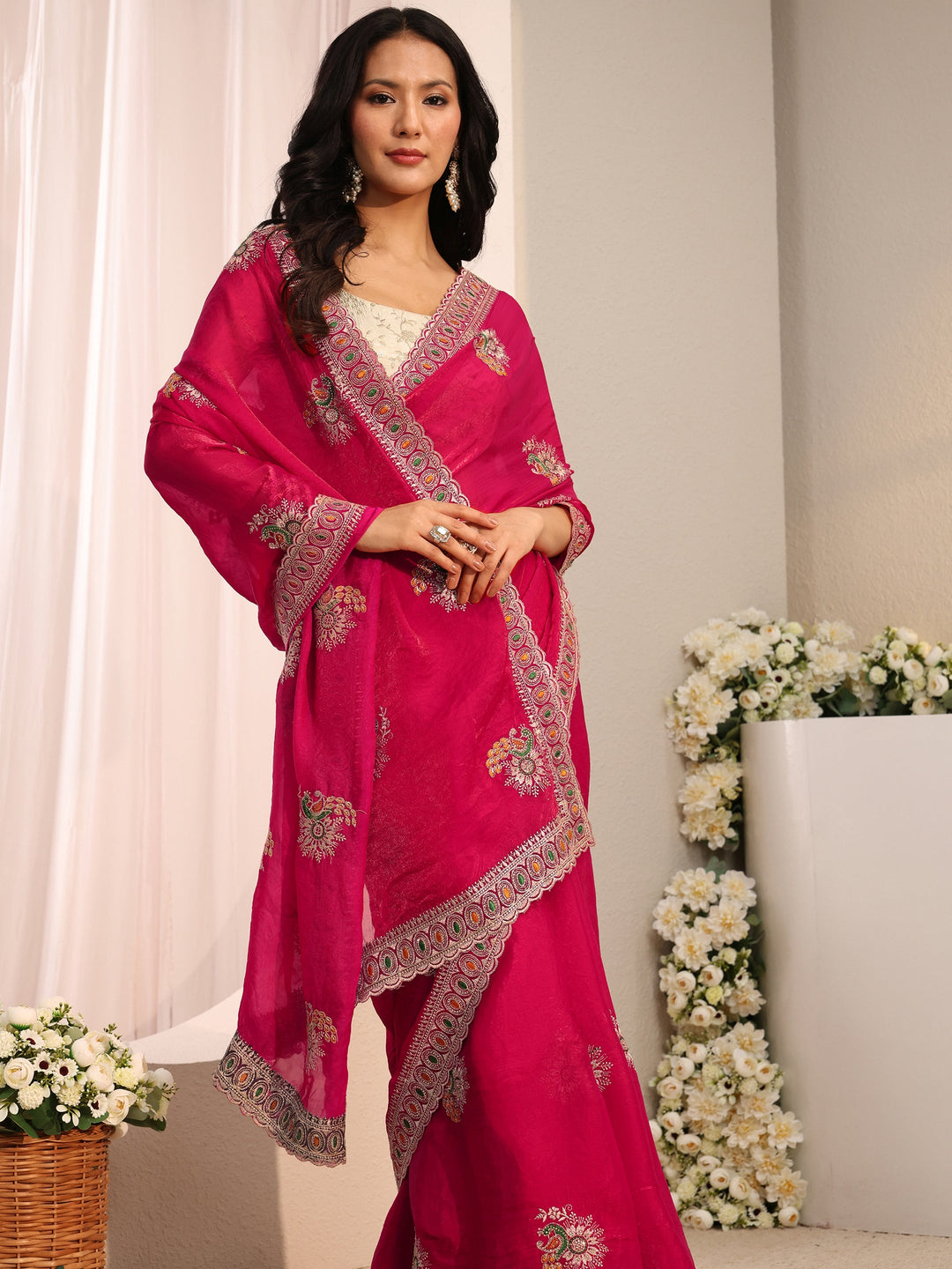 Pink Floral Embroidered Tissue Saree With Unstitched Blouse Piece