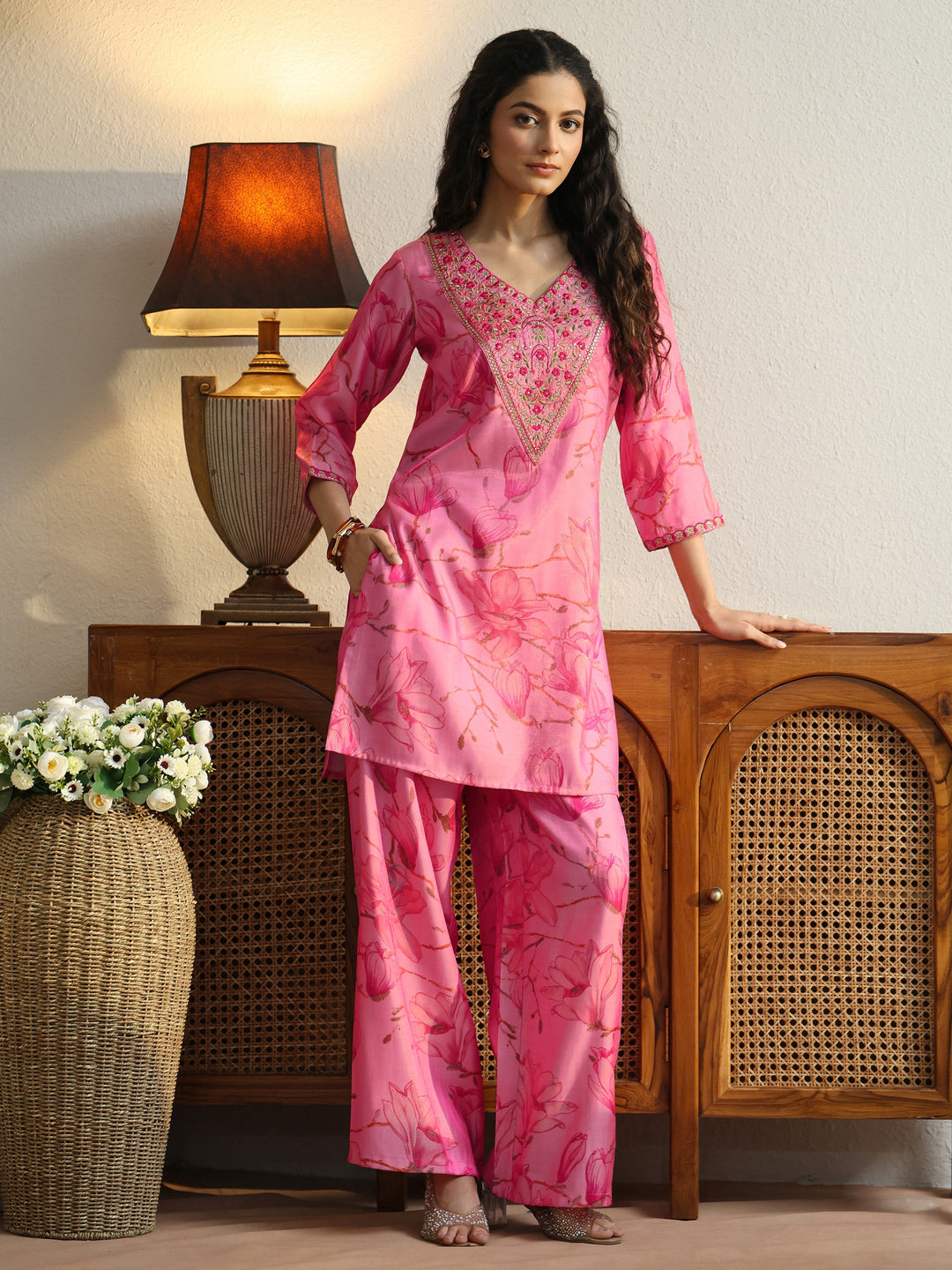 Pink Floral Print Silk Blend Co-Ord Set