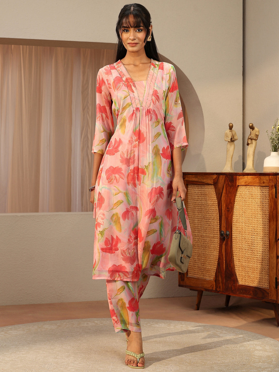 Peach Pink Floral Printed Chiffon A-line Kurta Set