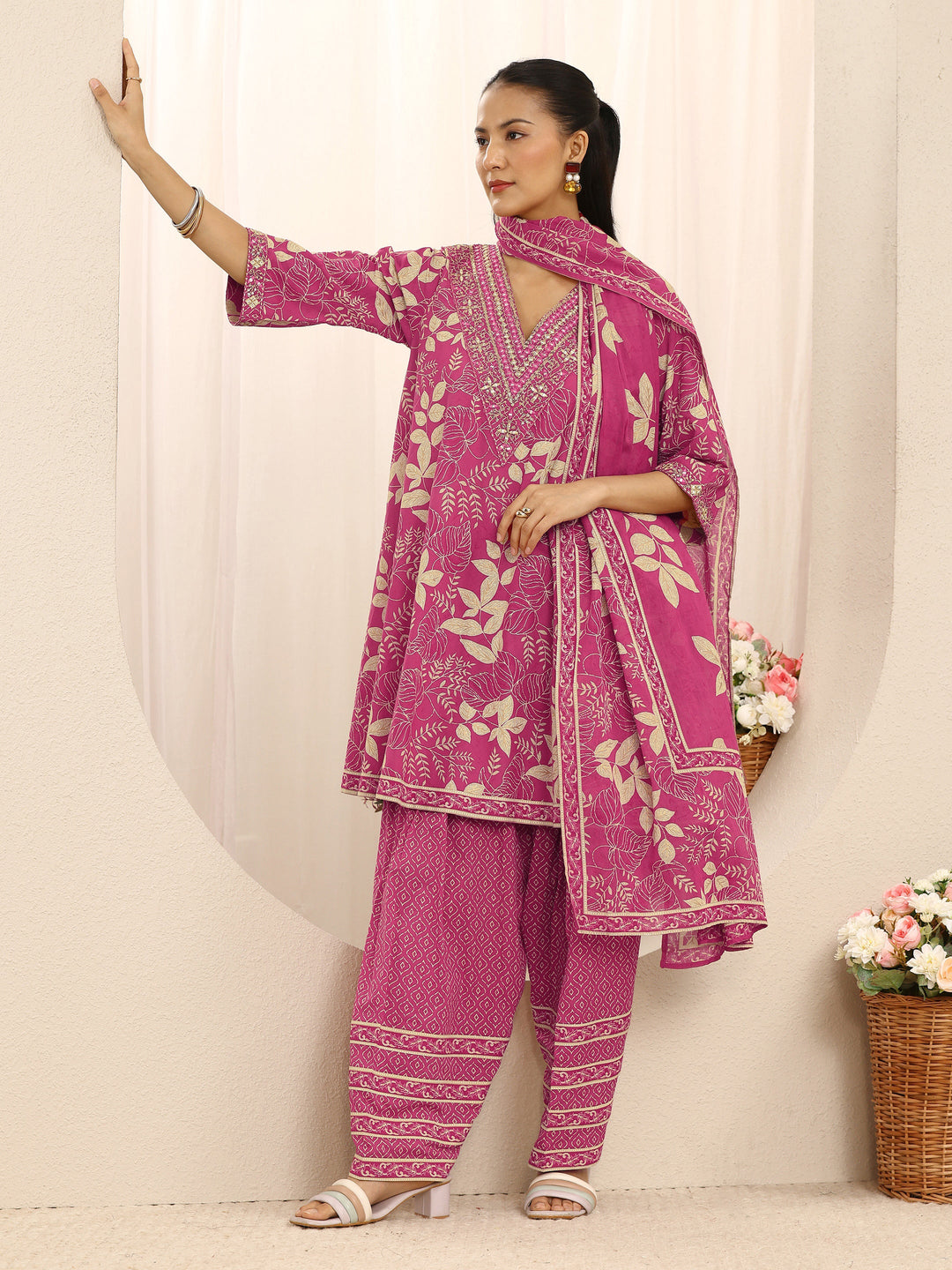 Pink Floral Printed Cotton A-Line Suit Set With Dupatta