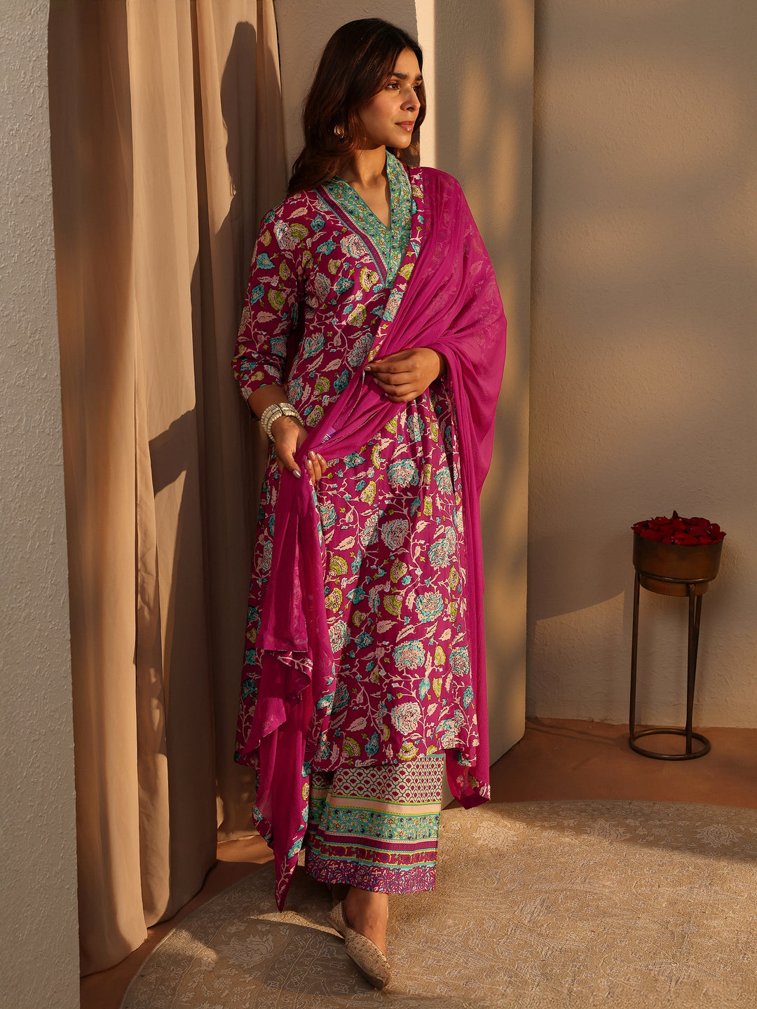 Pink Floral Printed Cotton A-Line Suit Set With Dupatta
