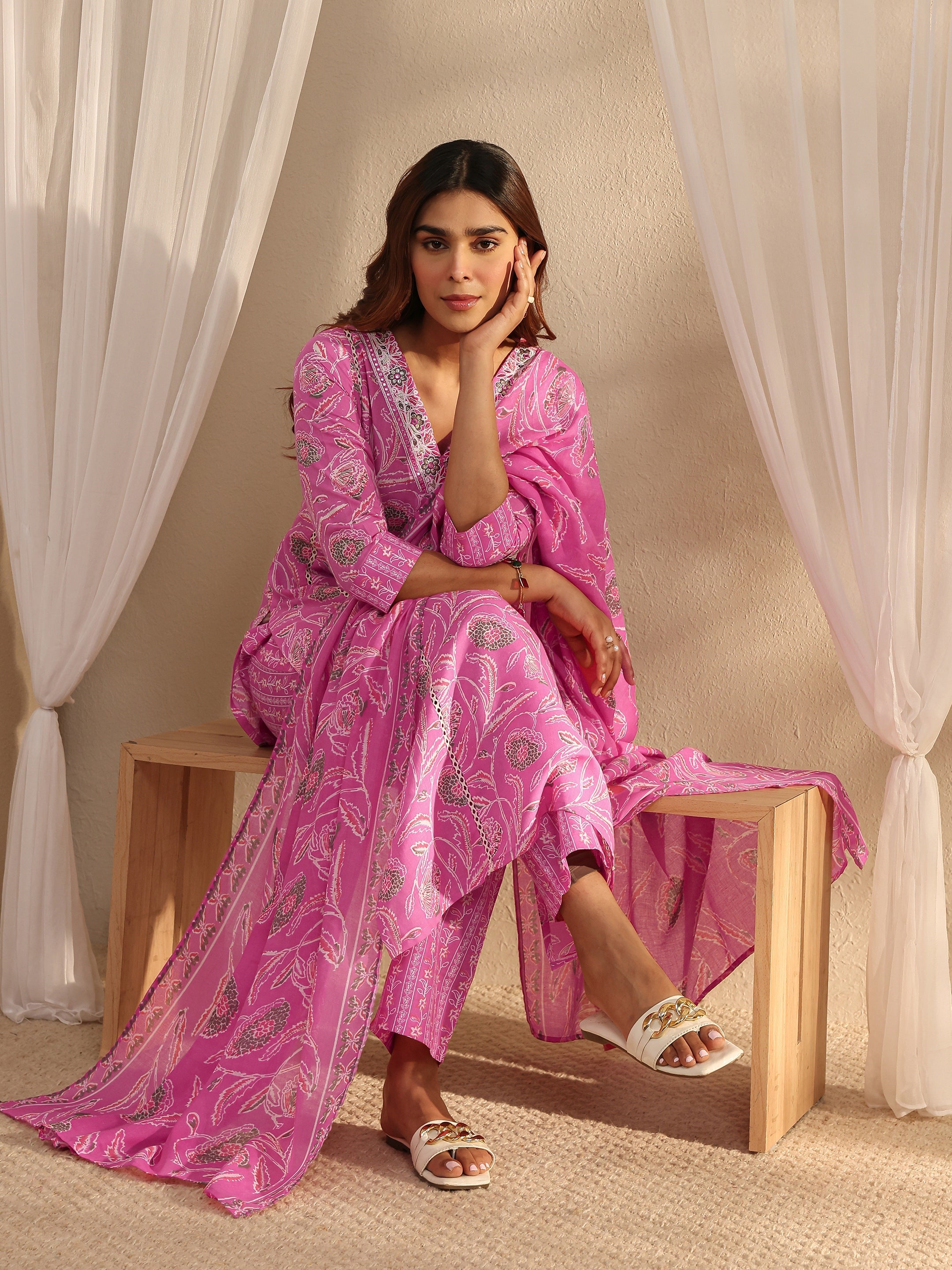 Libas Pink Yoke Design Cotton Kurta Set with Pant and Dupatta
