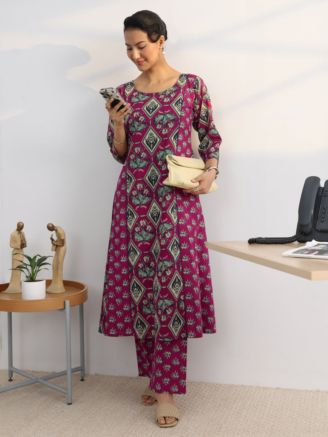 Pink Floral Printed Cotton Blend A-Line Kurta Set