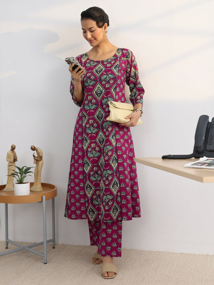Pink Floral Printed Cotton Blend A-Line Kurta Set