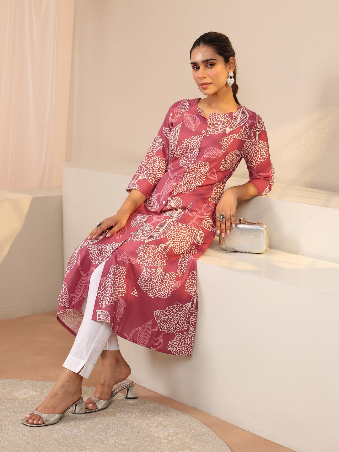 Pink Floral Printed Cotton Blend A-Line Shirt Style Kurta