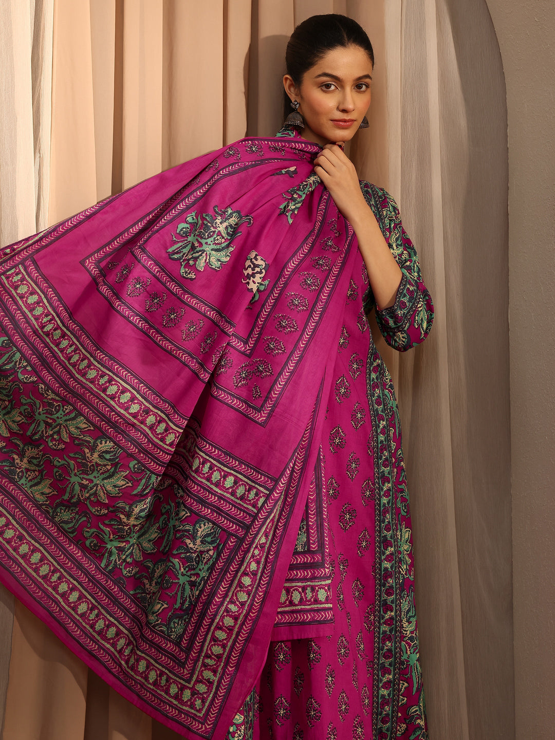 Pink Floral Printed Cotton Blend A-Line Suit Set With Dupatta