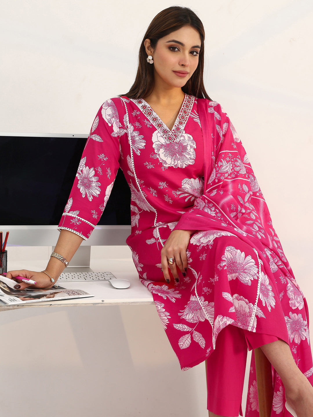 Power Petal Cotton Blend Pink Straight Suit Set