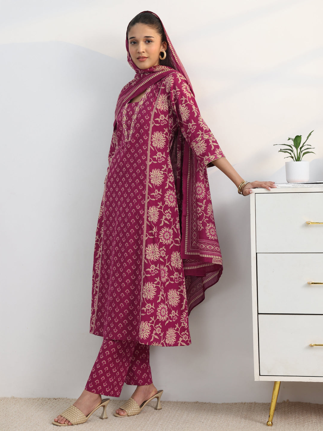 Pink Floral Printed Cotton Blend A-Line Suit Set With Dupatta