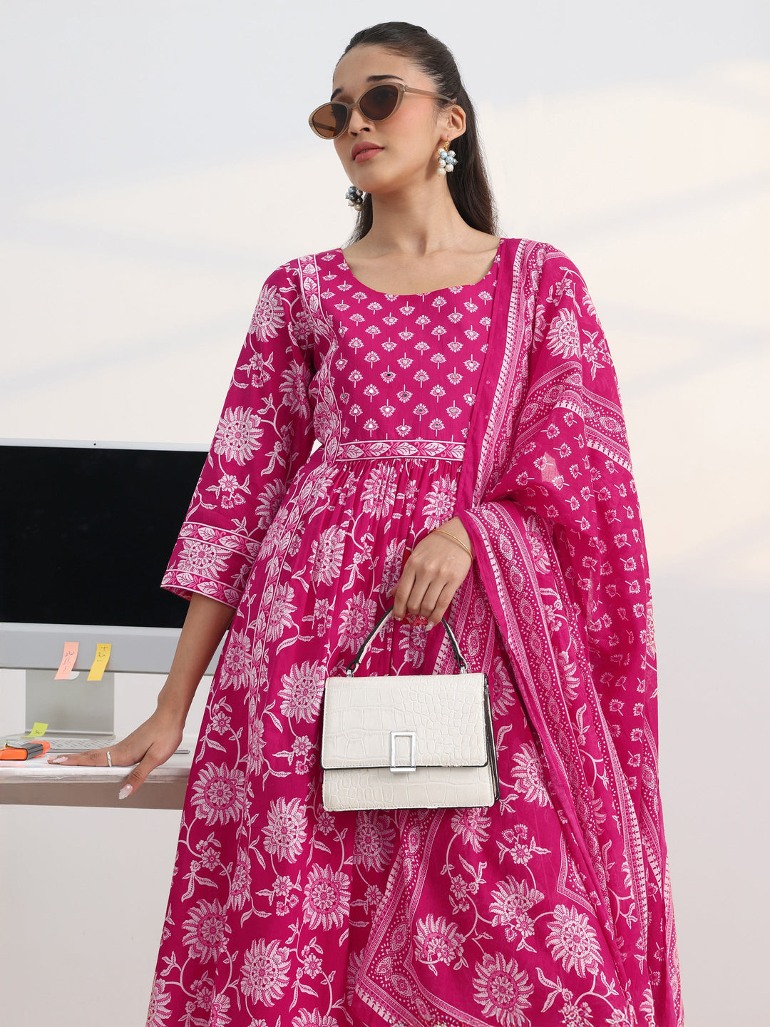 Pink Floral Printed Cotton Blend A-Line Suit Set With Dupatta