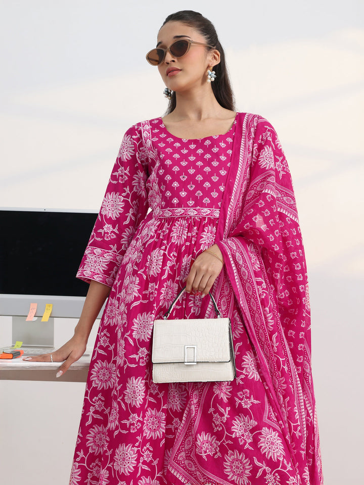 Pink Floral Printed Cotton Blend A-Line Suit Set With Dupatta