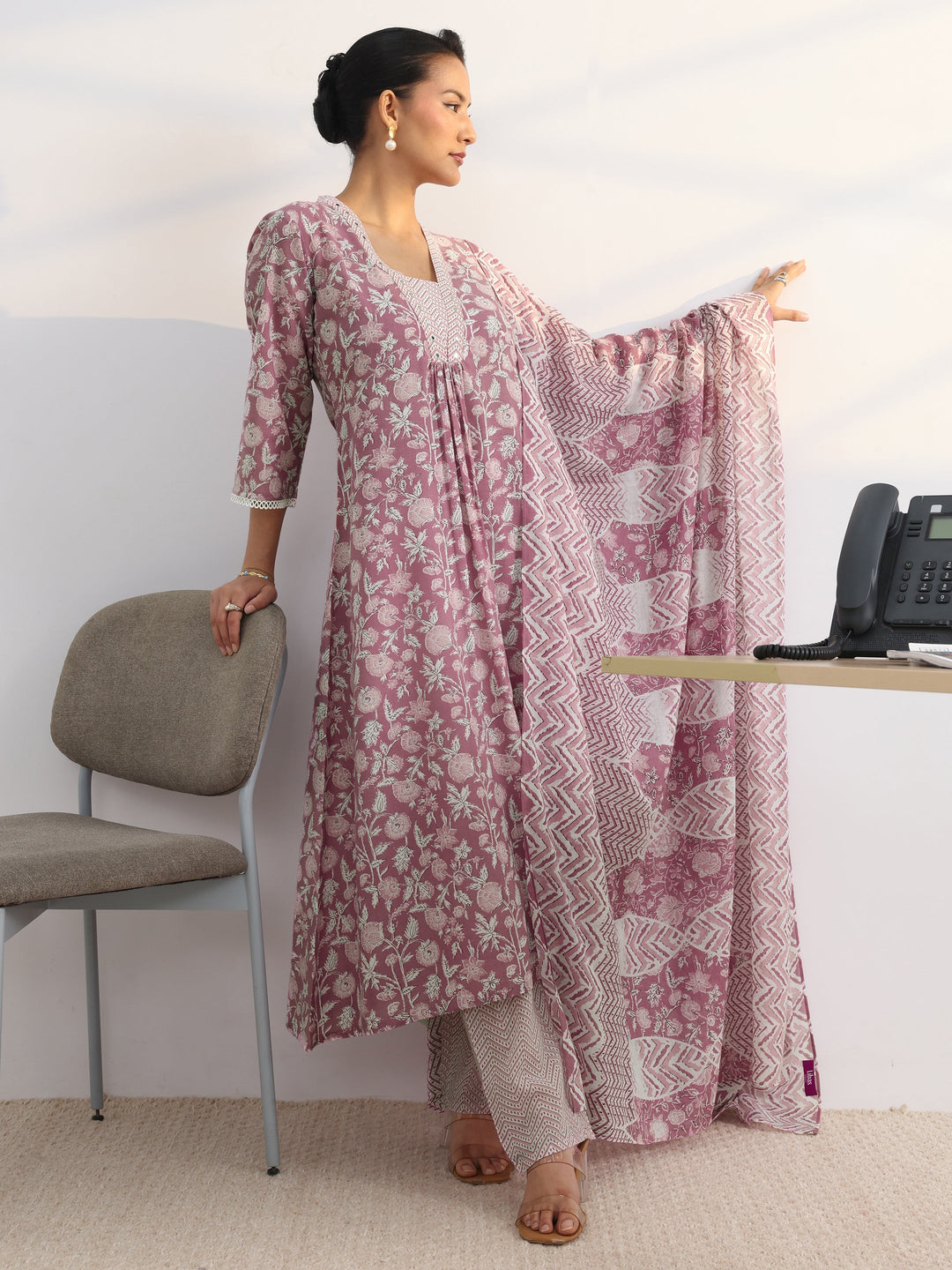 Pink Floral Printed Cotton Blend A-Line Suit Set With Dupatta