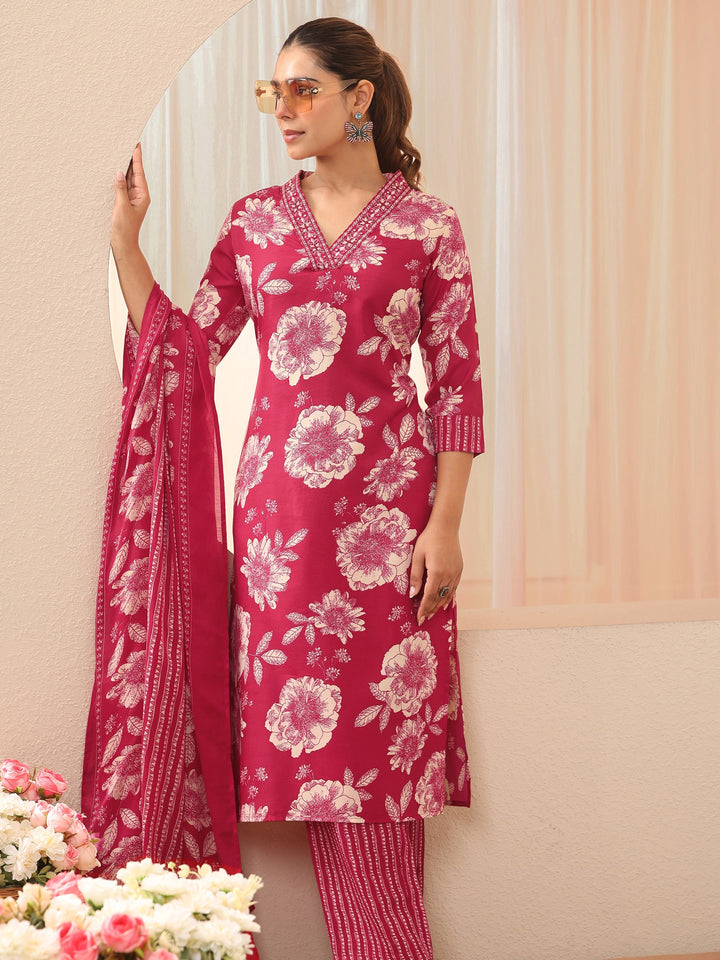 Pink Floral Printed Cotton Blend Straight Suit Set