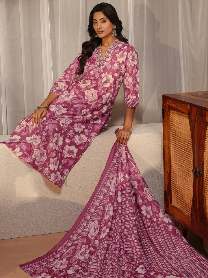 Pink Floral Printed Cotton Blend Straight Suit Set