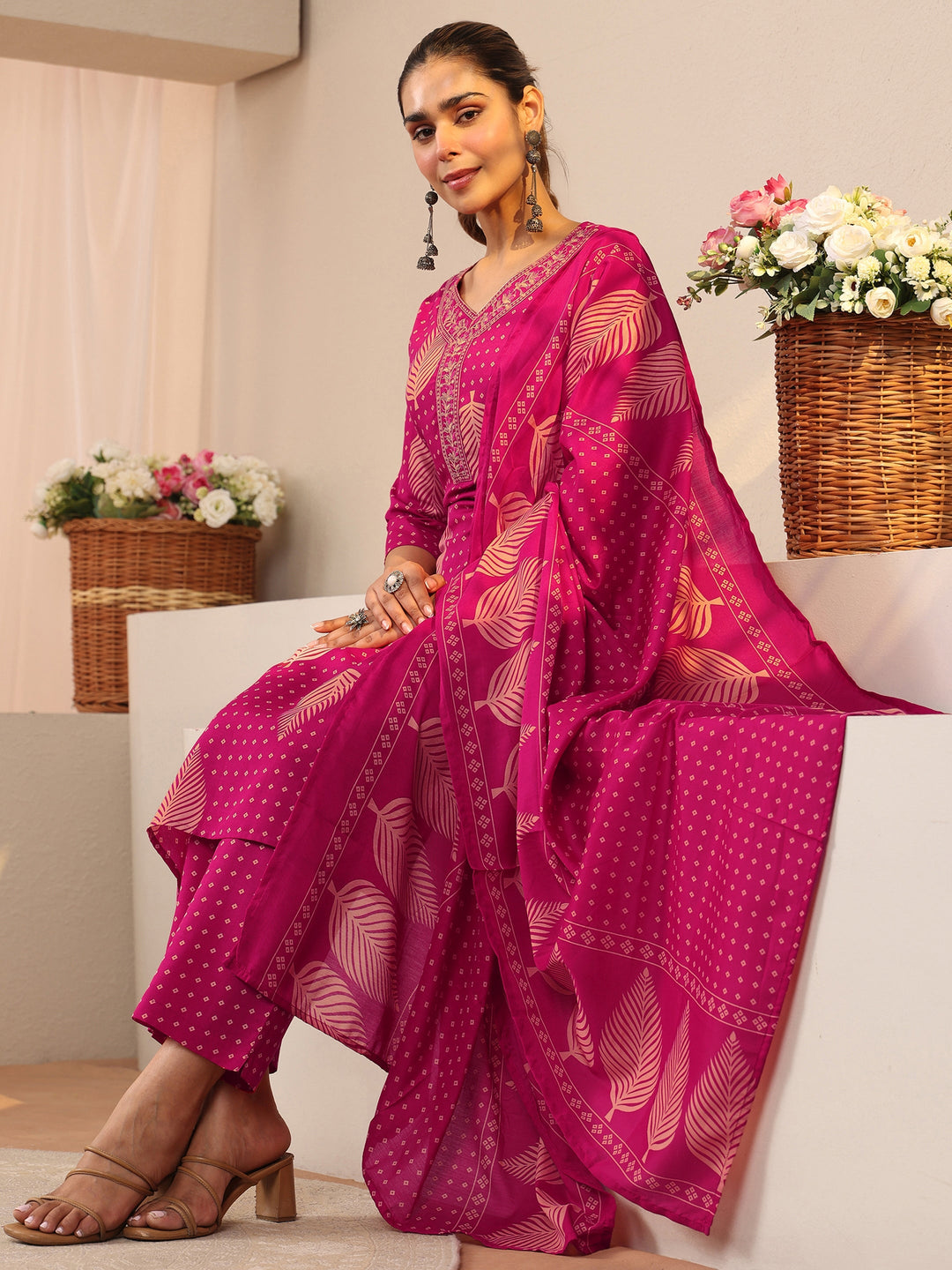 Pink Floral Printed Cotton Blend Straight Suit Set
