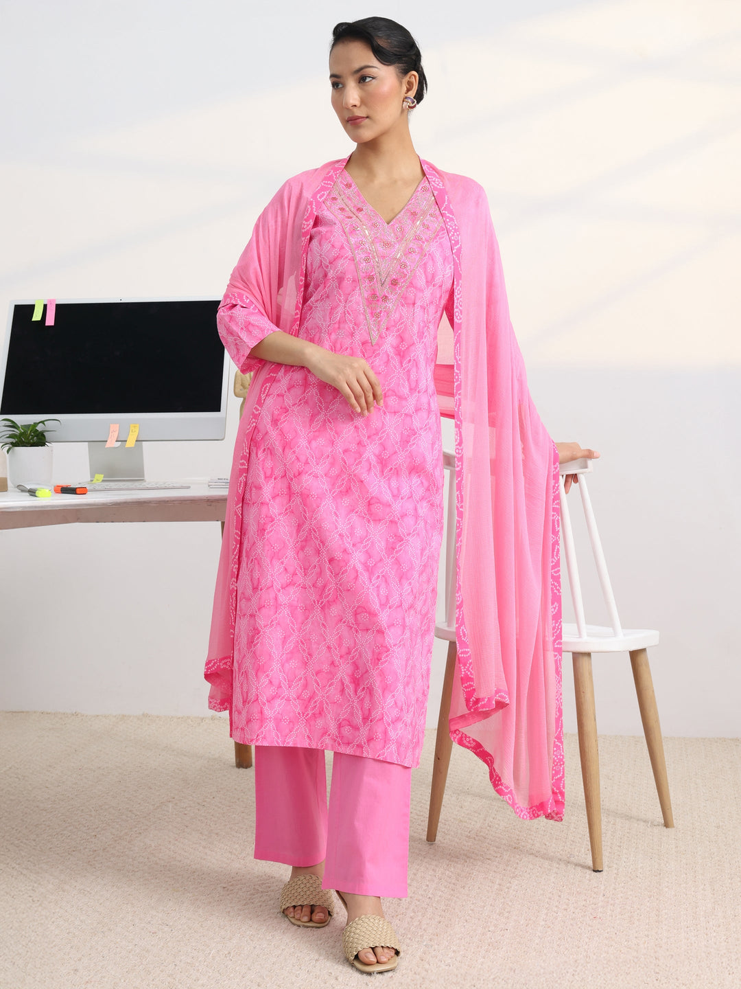 Pink Floral Printed Cotton Blend Straight Suit Set With Dupatta