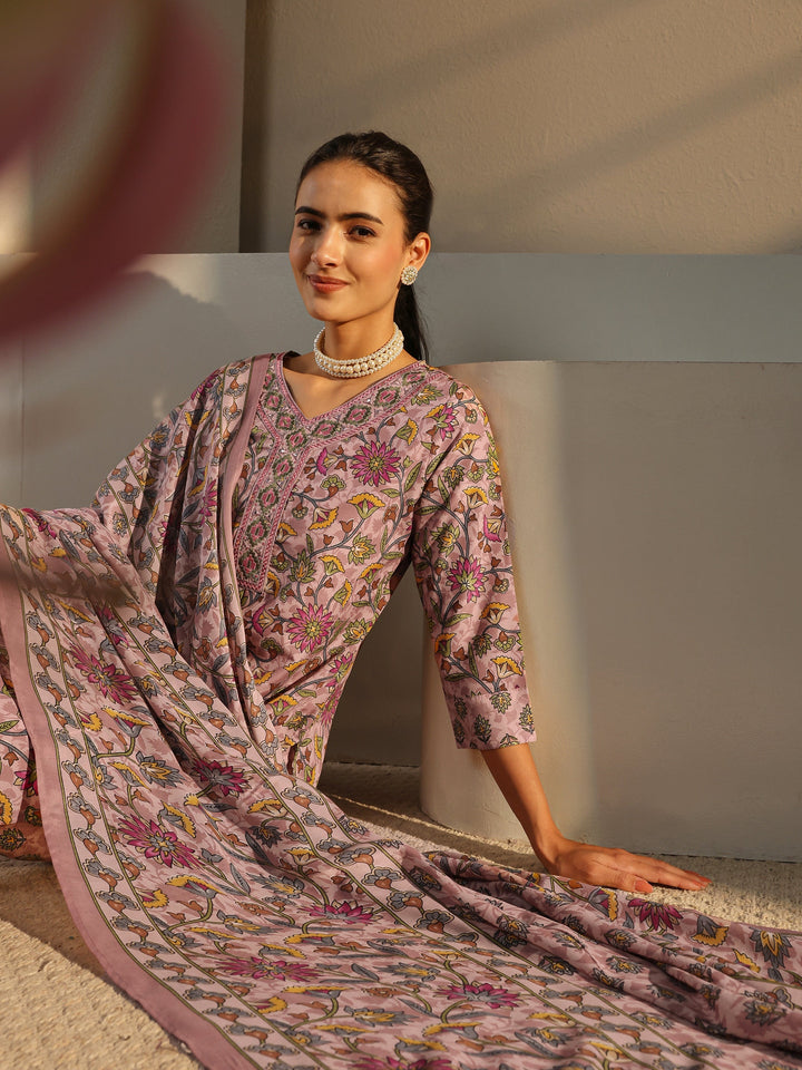 Pink Floral Printed Cotton Blend Straight Suit Set With Dupatta