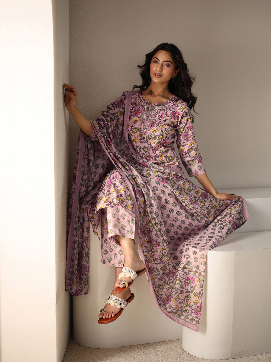 Pink Floral Printed Cotton Blend Straight Suit Set With Dupatta