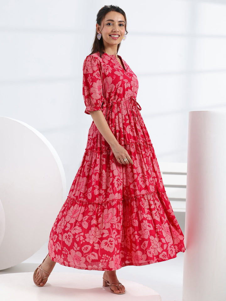 Libas Pink Floral Printed Cotton Fit-And-Flare Tiered One Piece Dress