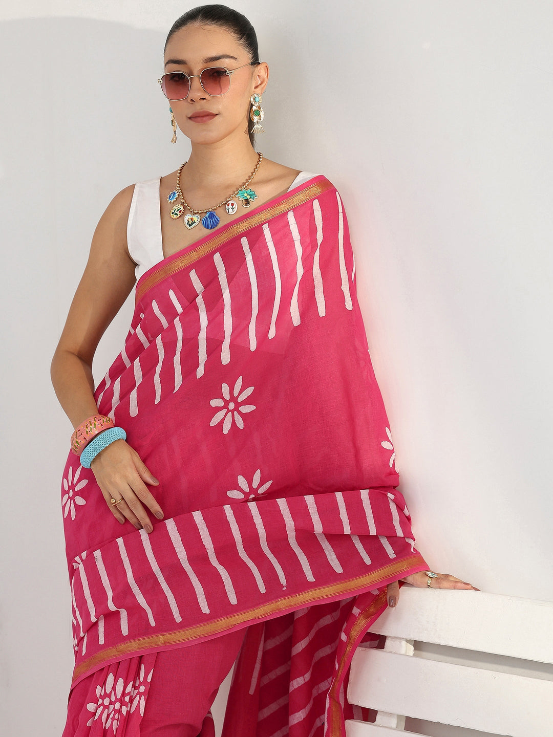 Pink Floral Printed Cotton saree