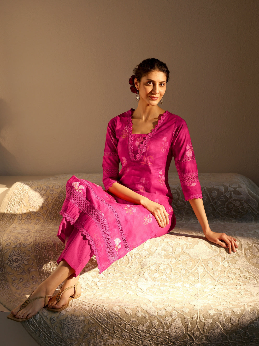Pink Floral Printed Cotton Straight Kurta Set