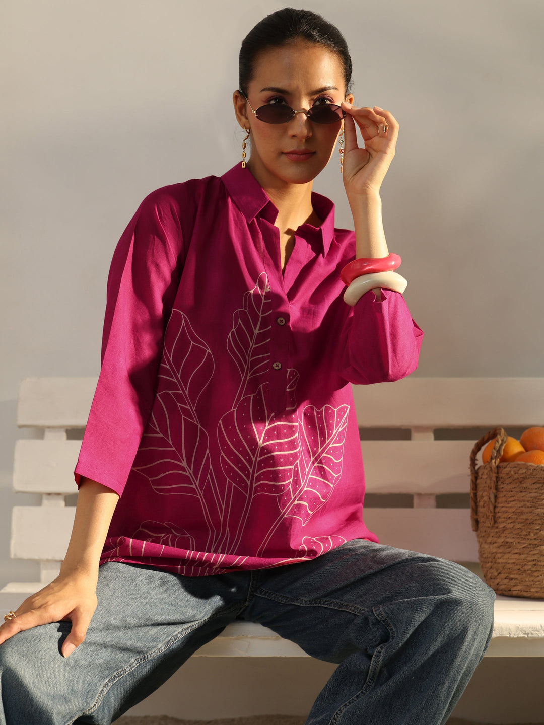 Pink Floral Printed Cotton Straight Short Kurti