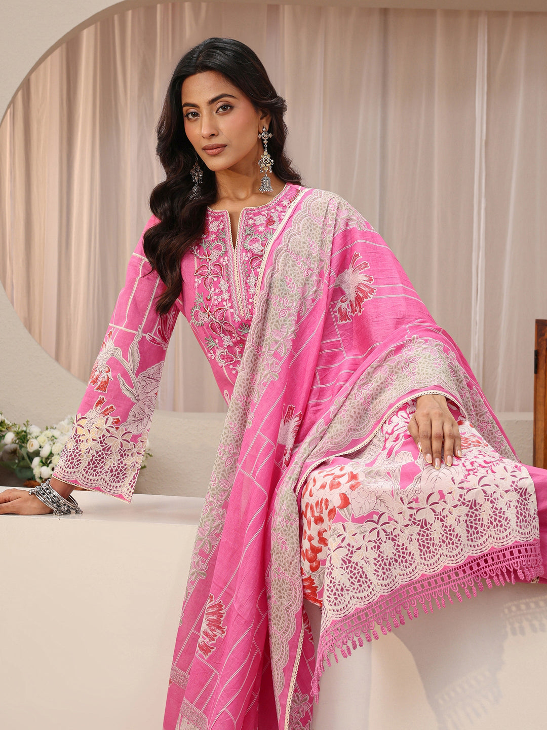 Pink Floral Printed Cotton Straight Suit Set