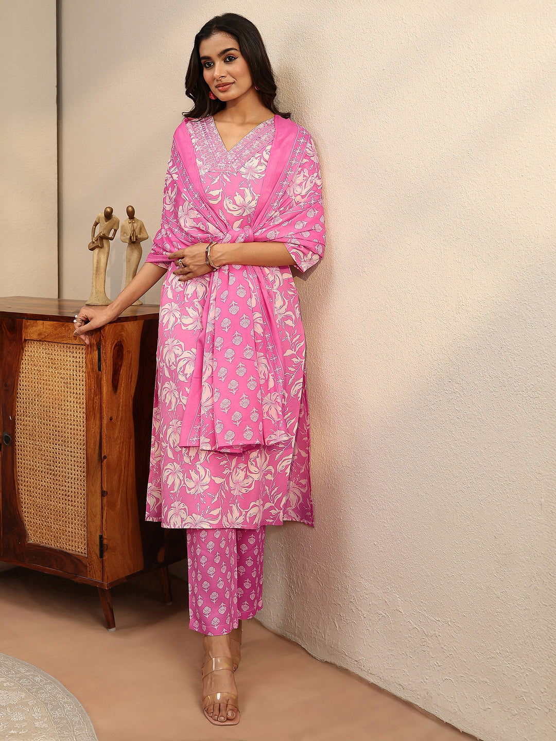Pink Floral Printed Cotton Straight Suit Set
