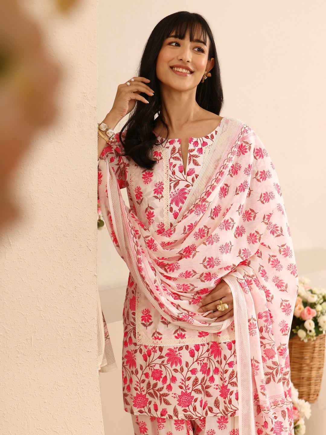 Pink Floral Printed Cotton Straight Suit Set With Dupatta