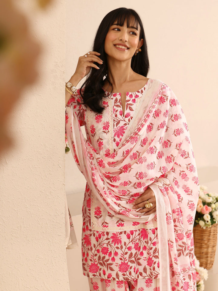 Pink Floral Printed Cotton Straight Suit Set With Dupatta