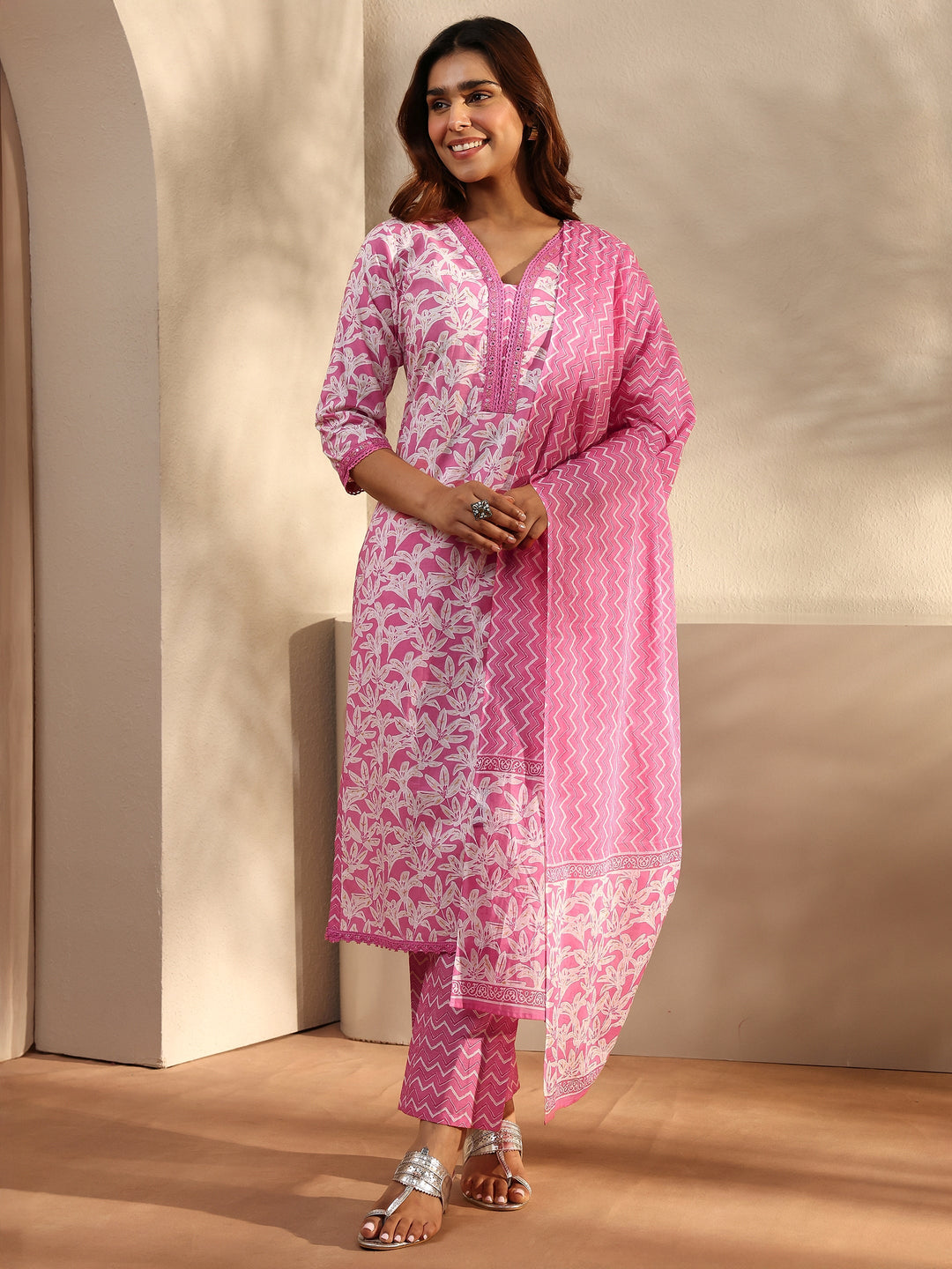 Pink Floral Printed Cotton Straight Suit Set With Dupatta