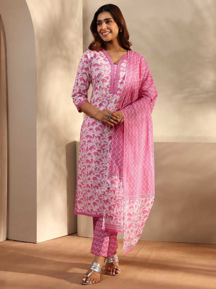 Pink Floral Printed Cotton Straight Suit Set With Dupatta