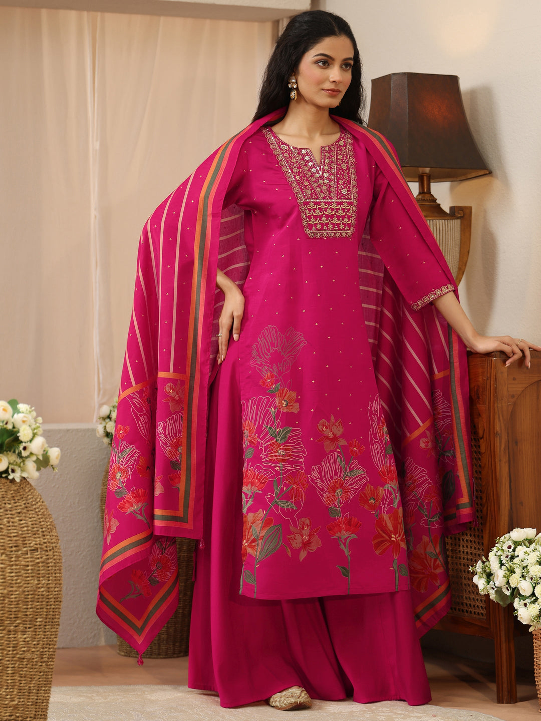 Pink Floral Printed Silk Blend Palazzo Suit Set