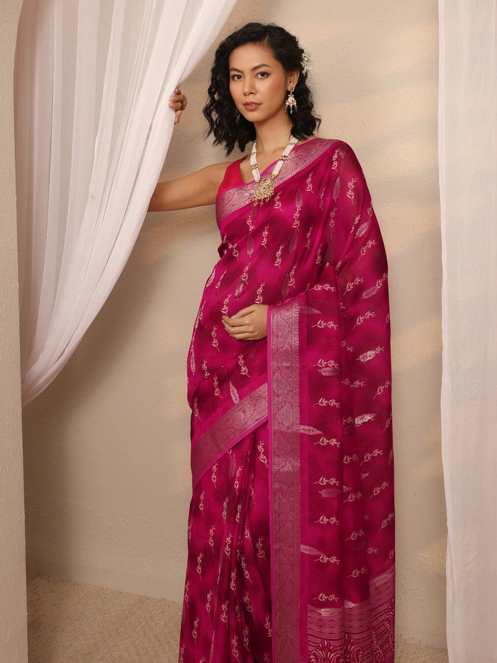 Pink Floral Printed Silk Blend Saree With Unstitched Blouse Piece