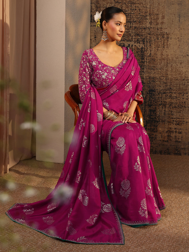 Pink Floral Printed Silk Blend Saree With Unstitched Blouse Piece