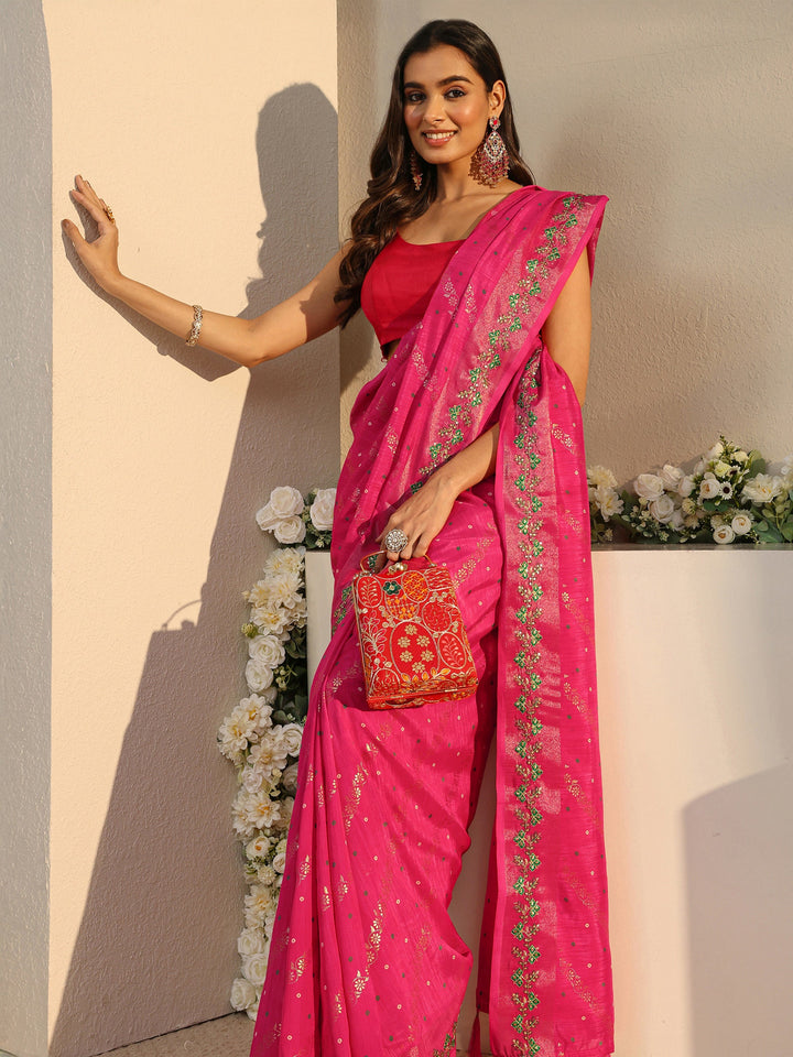 Pink Floral Printed Silk Blend Saree With Unstitched Blouse Piece
