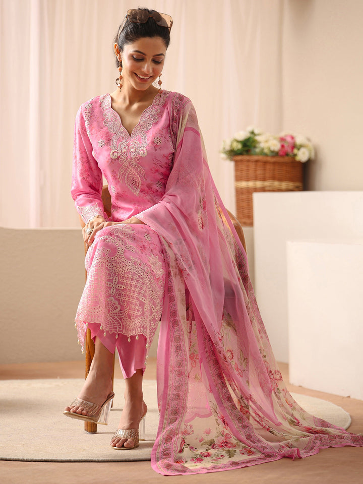 Pink Floral Printed Silk Blend Straight Suit Set