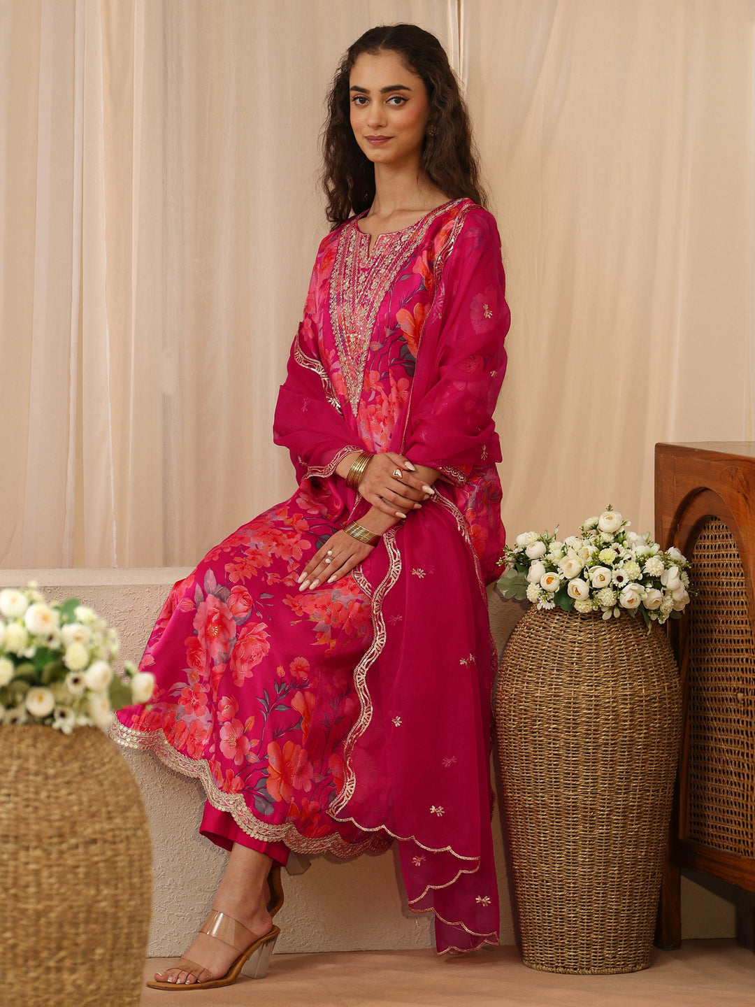 Pink Floral Printed Silk Blend Suit Set