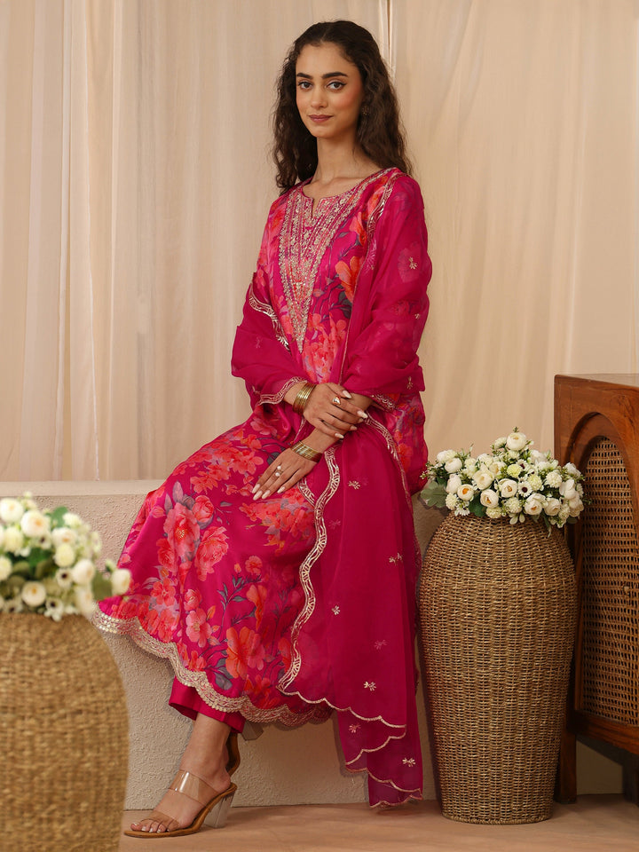 Pink Floral Printed Silk Blend Suit Set