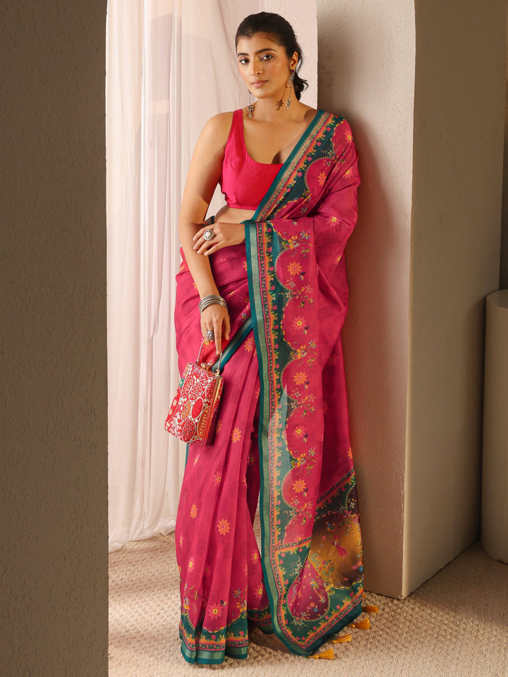 Pink Floral Printed Silk Blend Tassel Saree With Unstitched Blouse Piece