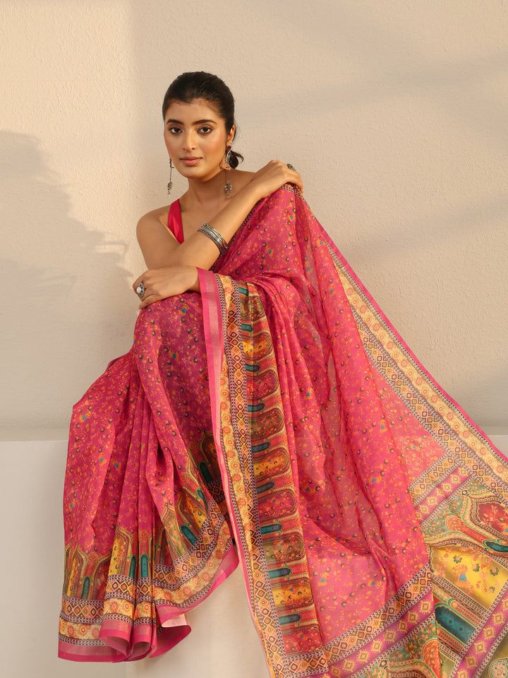 Pink Floral Printed Silk Blend Tassel Saree With Unstitched Blouse Piece
