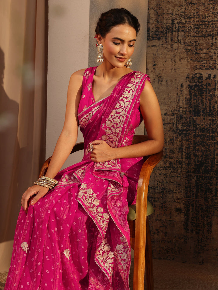 Pink Floral Printed Tissue Saree With Unstitched Blouse Piece