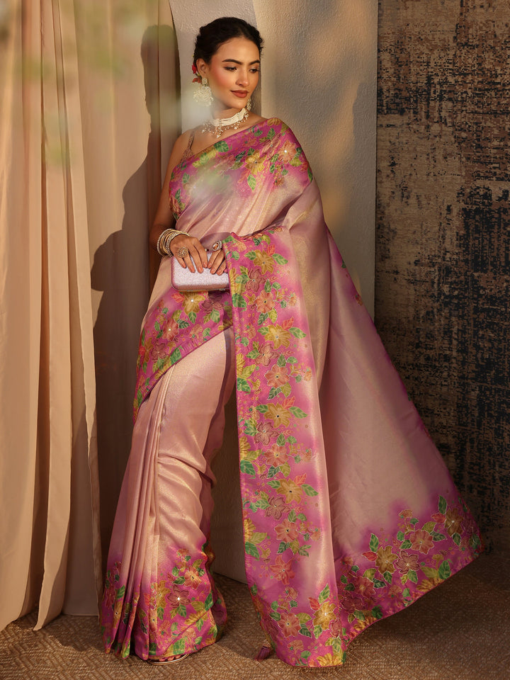 Pink Floral Solid Tissue Saree With Unstitched Blouse Piece