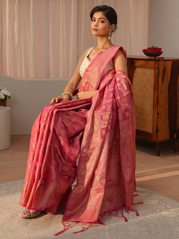 Pink Floral Woven Design Silk Blend Saree