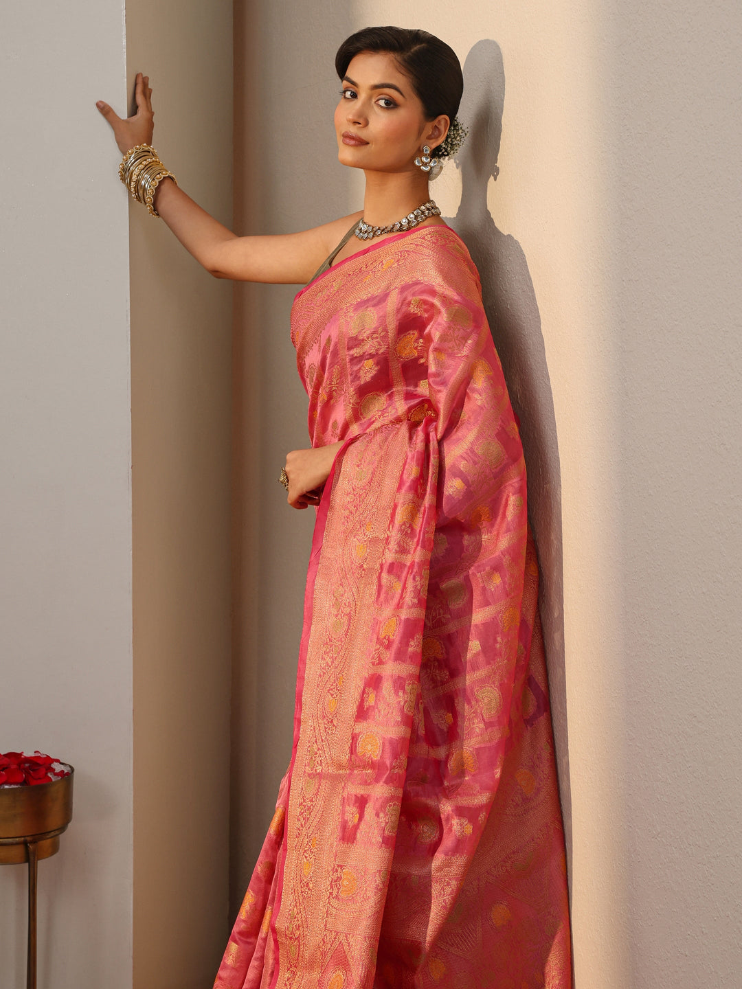 Pink Floral Woven Design Silk Blend Saree