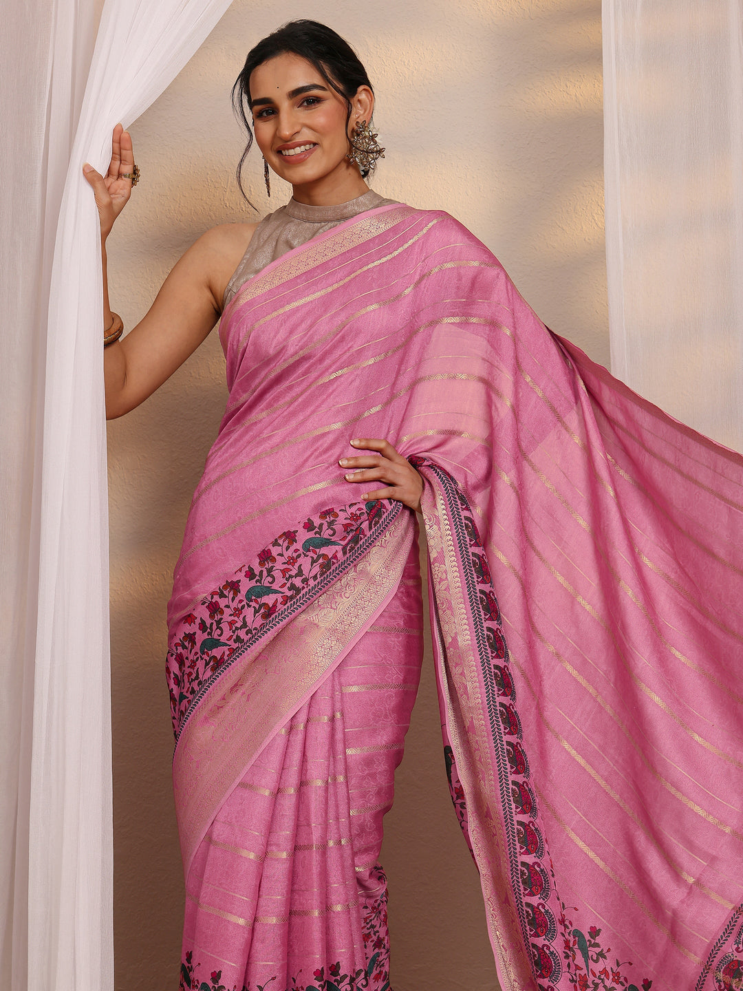 Pink Floral Woven Design Silk Blend Saree With Unstitched Blouse Piece
