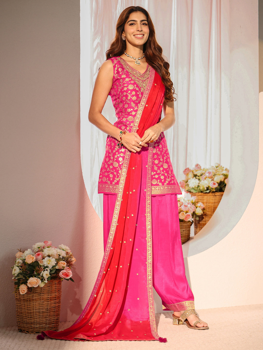 Pink Floral Woven Design Silk Blend Straight Suit Set With Dupatta